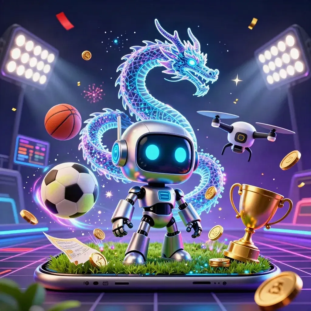 Cyberpunk robot, digital dragon and coin drone amid flying sports balls, gold coins and neon lights.