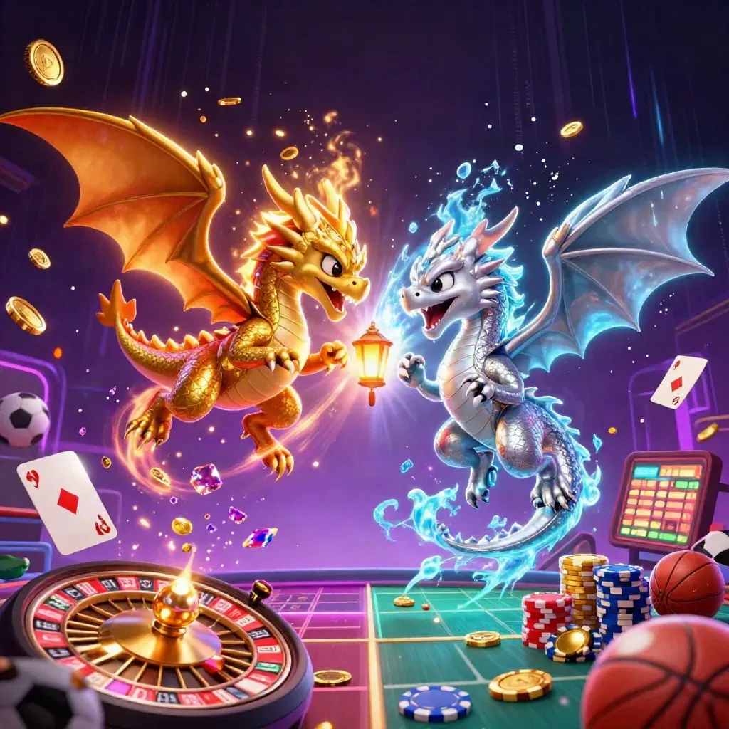 Twin gold and silver dragons spiral through casino icons in a dark neon purple-gold fantasy.