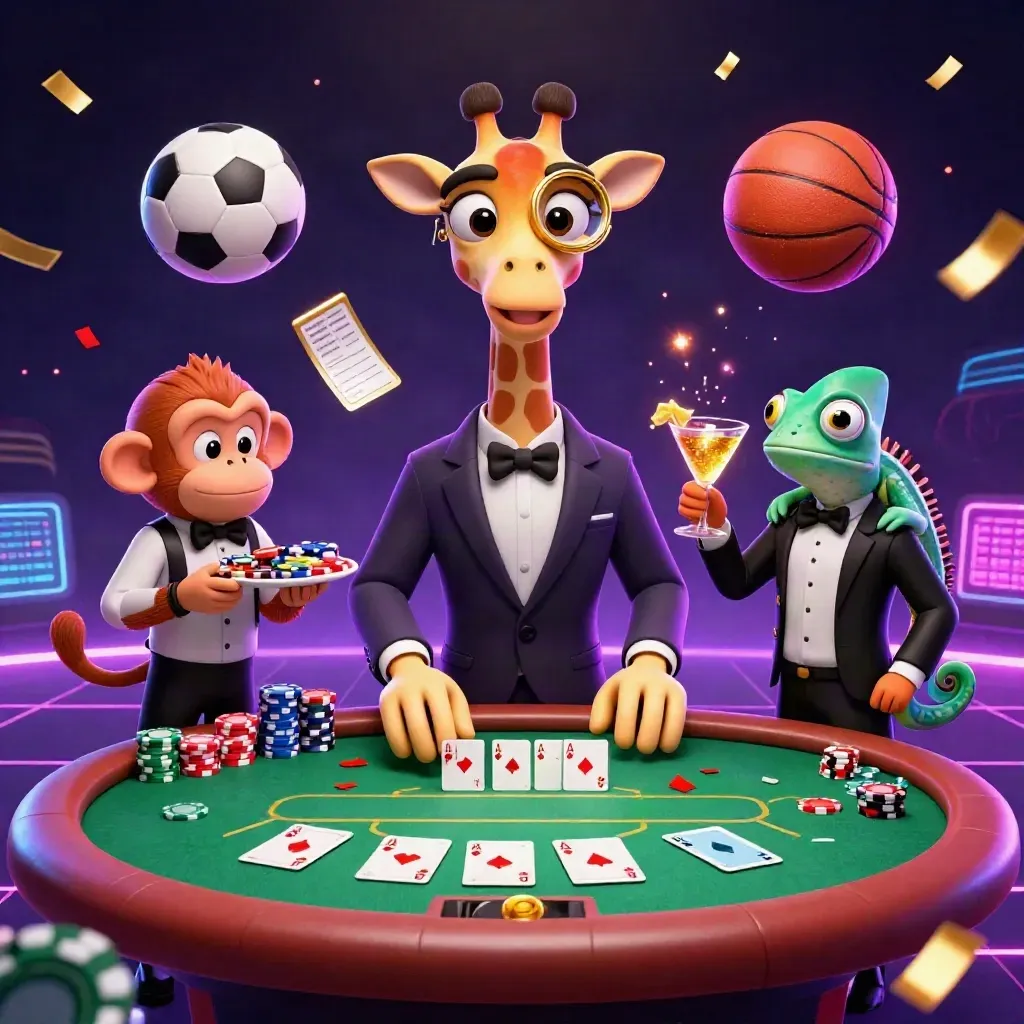Giraffe, monkey and chameleon at a glowing poker table with flying chips and sports balls.