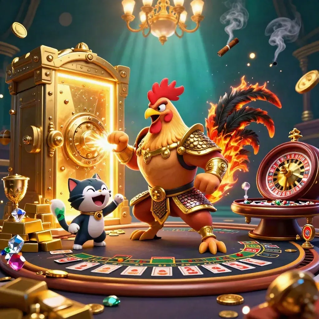 Rooster warrior, dragon hatchling, and fortune-cat amid casino treasure, vault light, and glowing luxury