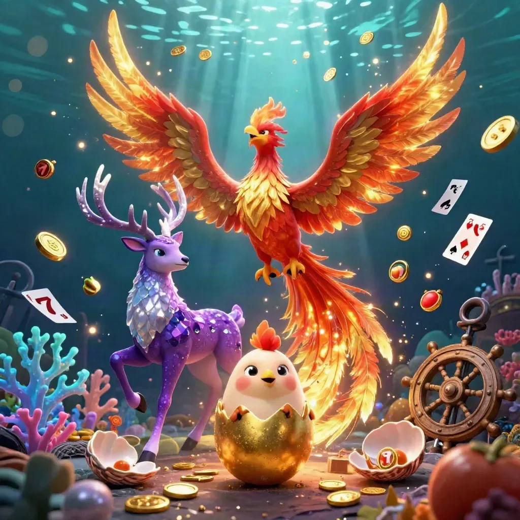 Phoenix, hatching chick and crystal stag burst through an underwater treasure cove