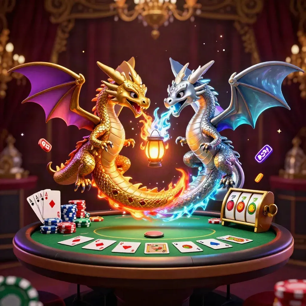 Twin gold and silver dragons spiral around casino chips, cards, reels and a lantern spirit.