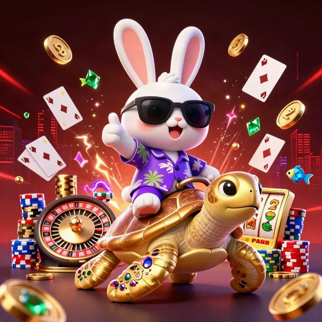 Rabbit on a gold turtle amid chips, coins, cards, reels, and neon purple-gold casino effects.