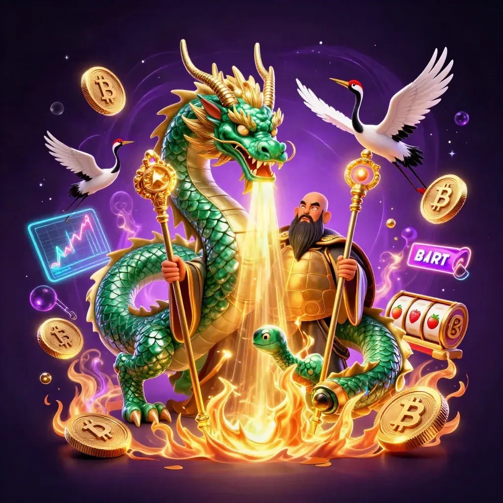 Emerald dragon, turtle sage and cranes amid coins, lightning and purple-gold casino glow